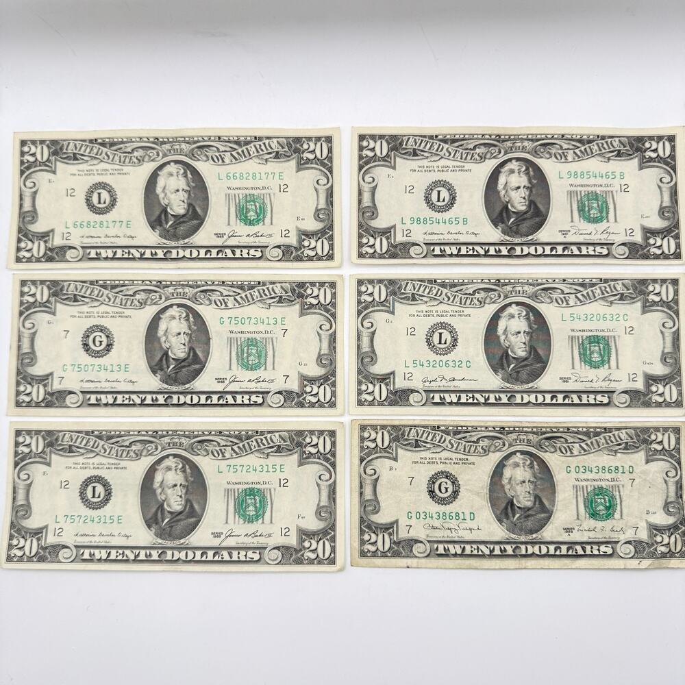 RARE VINTAGE $20 BILL LOT OF 6! 1981 1985 GREEN SEAL CRISP NOTES US